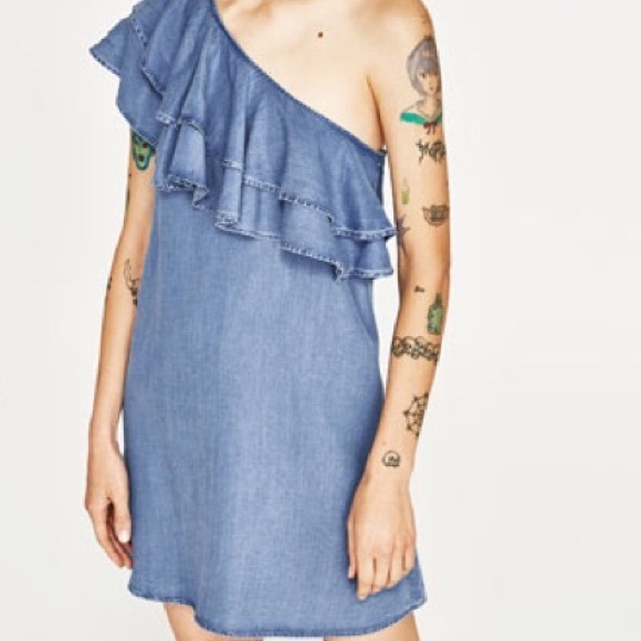 one shoulder denim dress